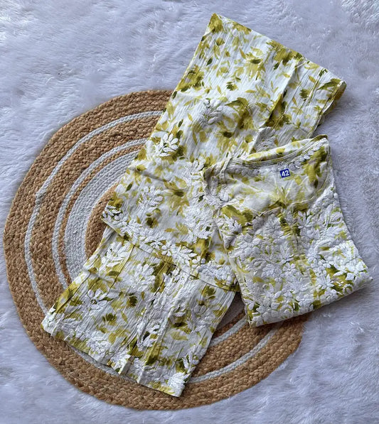 Green printed mul mul chikankari set with embroidery by Hayat’s LLucknowi”