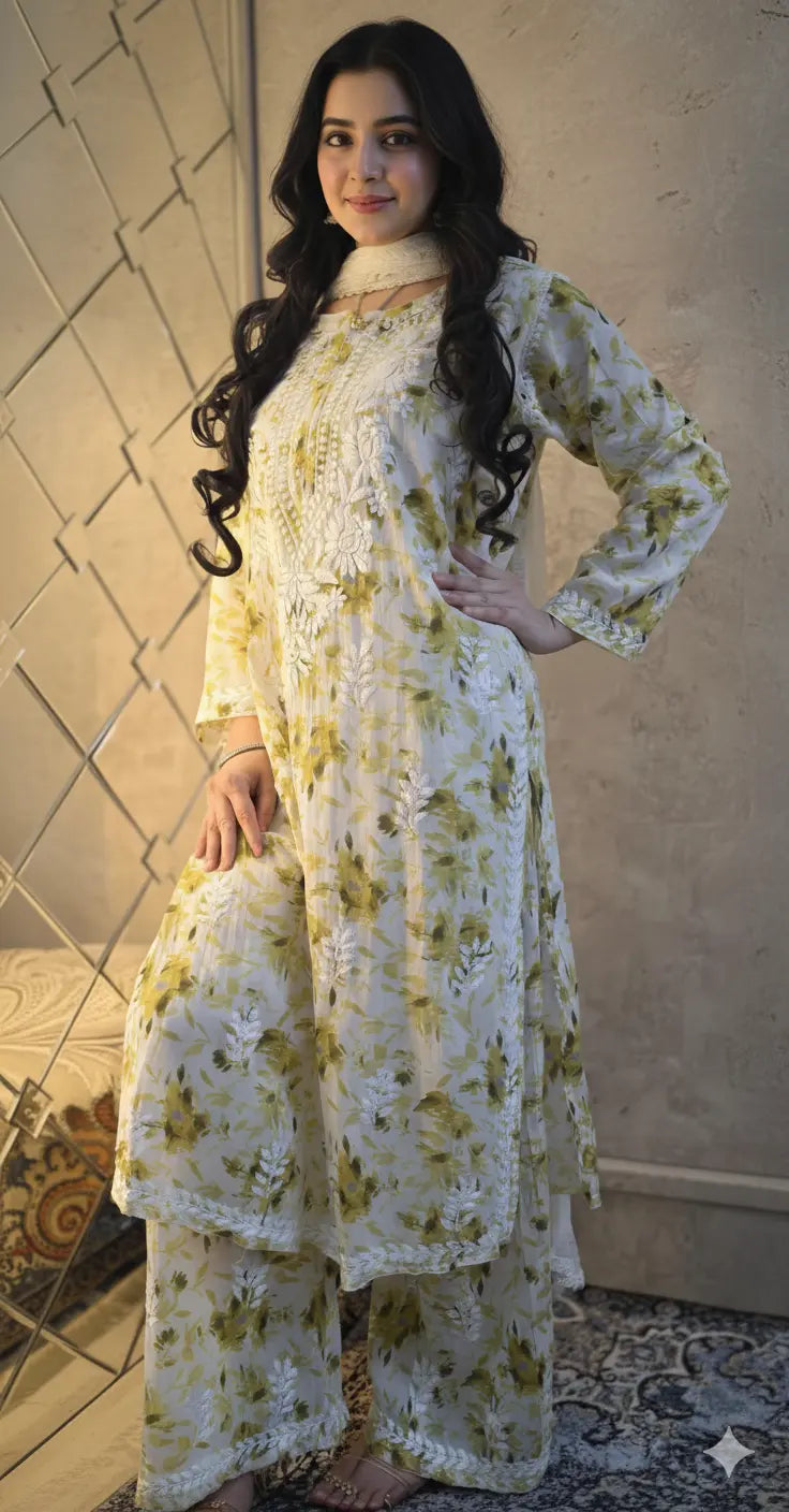 
Farheen green chikankari printed mul mul set featuring soft breathable fabric, delicate printed detailing, and elegant traditional styling for fresh everyday ethnic wear by Hayat's Lucknowi.
