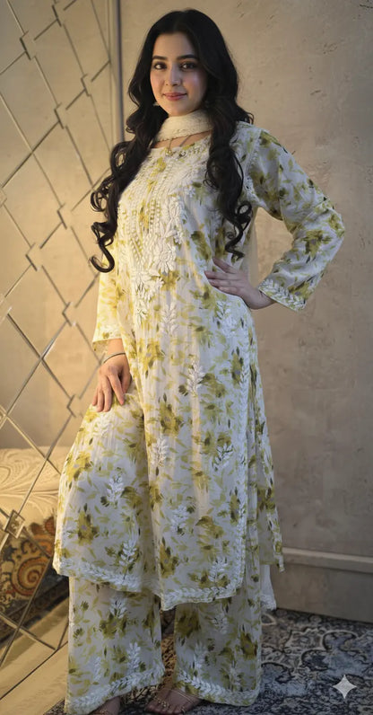 
Farheen green chikankari printed mul mul set featuring soft breathable fabric, delicate printed detailing, and elegant traditional styling for fresh everyday ethnic wear by Hayat's Lucknowi.
