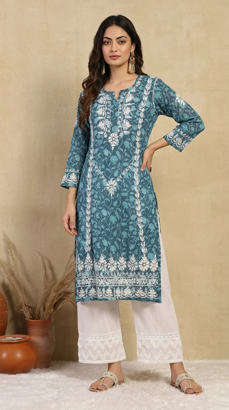 
Fariha blue mul mul Lucknowi chikankari kurta featuring delicate hand embroidery and soft breathable fabric for elegant everyday ethnic wear by Hayat's Lucknowi.

