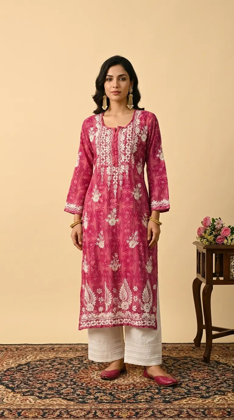 Fariha Pink Mul Mul Lucknowi Chikankari Kurta featuring intricate hand embroidery on lightweight, soft and breathable Mul Mul cotton fabric for an elegant everyday ethnic look by Hayat’s Lucknowi.
