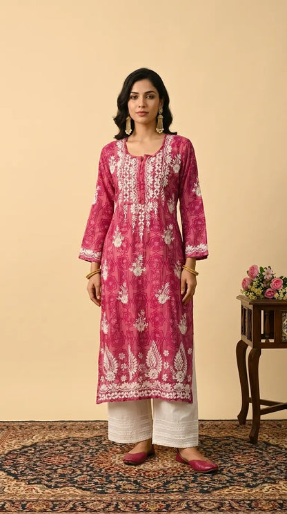 Fariha Pink Mul Mul Lucknowi Chikankari Kurta featuring intricate hand embroidery on lightweight, soft and breathable Mul Mul cotton fabric for an elegant everyday ethnic look by Hayat’s Lucknowi.
