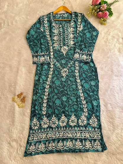 
Fariha blue mul mul Lucknowi chikankari kurta featuring delicate hand embroidery and soft breathable fabric for elegant everyday ethnic wear by Hayat's Lucknowi.
