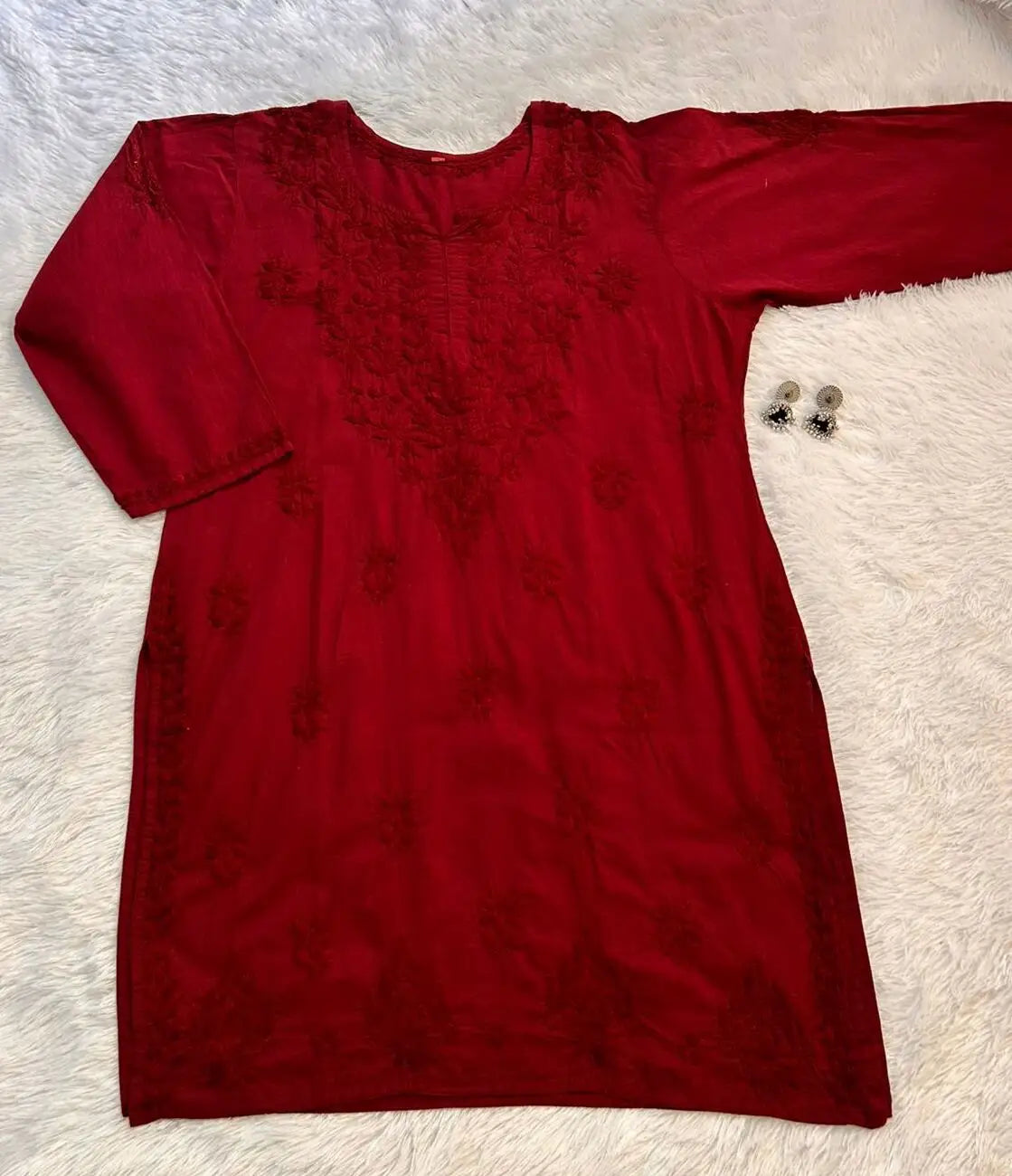 
Red chikankari Farshi shalwar suit featuring exquisite hand embroidery and traditional craftsmanship for graceful festive occasions and timeless ethnic wear by Hayat's Lucknowi.
