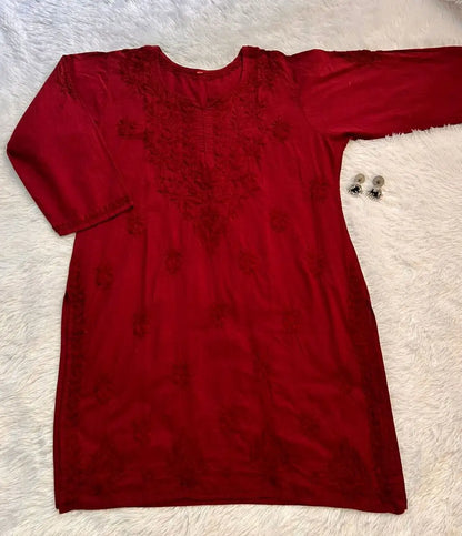 
Red chikankari Farshi shalwar suit featuring exquisite hand embroidery and traditional craftsmanship for graceful festive occasions and timeless ethnic wear by Hayat's Lucknowi.
