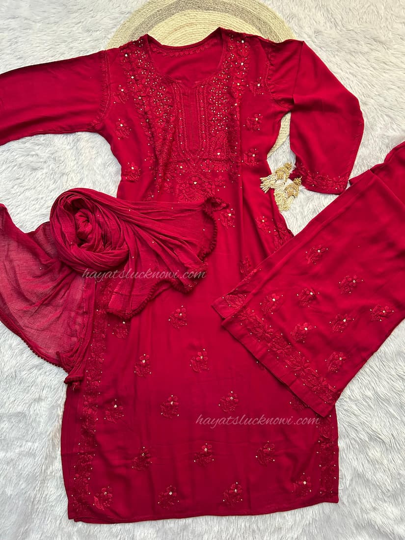  Festive Wear Fuchsia rayon mukesh chikankari suit set by Hayat’s Lucknowi”