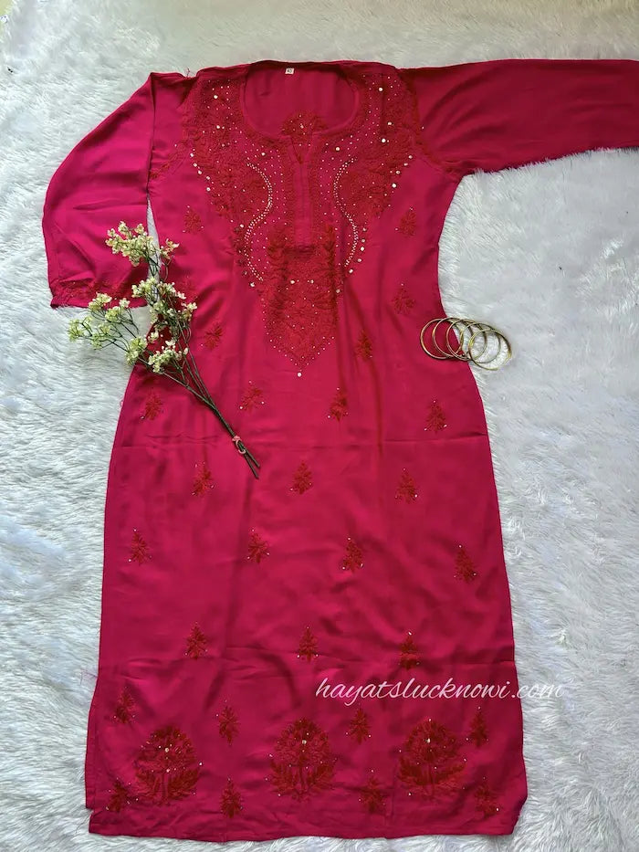red rayon chikankari kurti with embroidery by Hayat’s Lucknowi