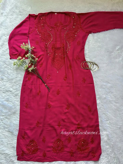 red rayon chikankari kurti with embroidery by Hayat’s Lucknowi