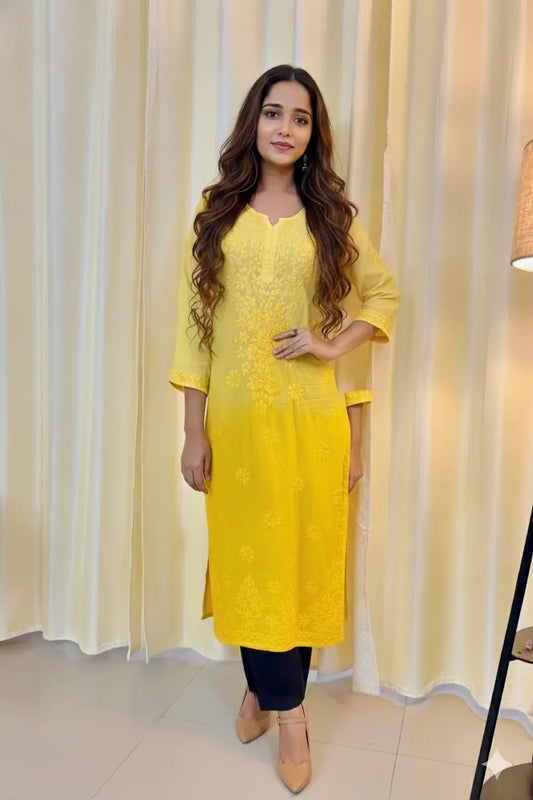 Amara Yellow Ombre Chikankari Modal Kurti