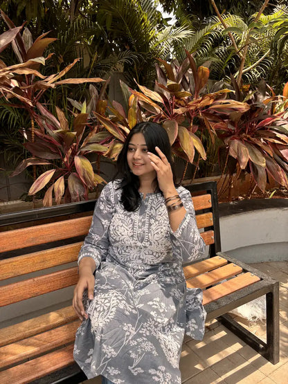 grey mul mul chikankari hand work floral kurta