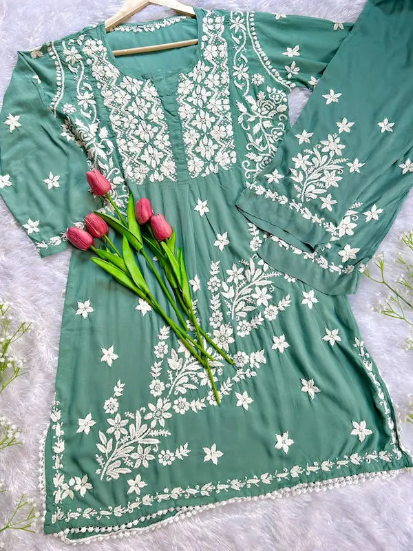 Sage green modal co-ord with Lucknowi chikankari embroidery by Hayat’s Lucknowi