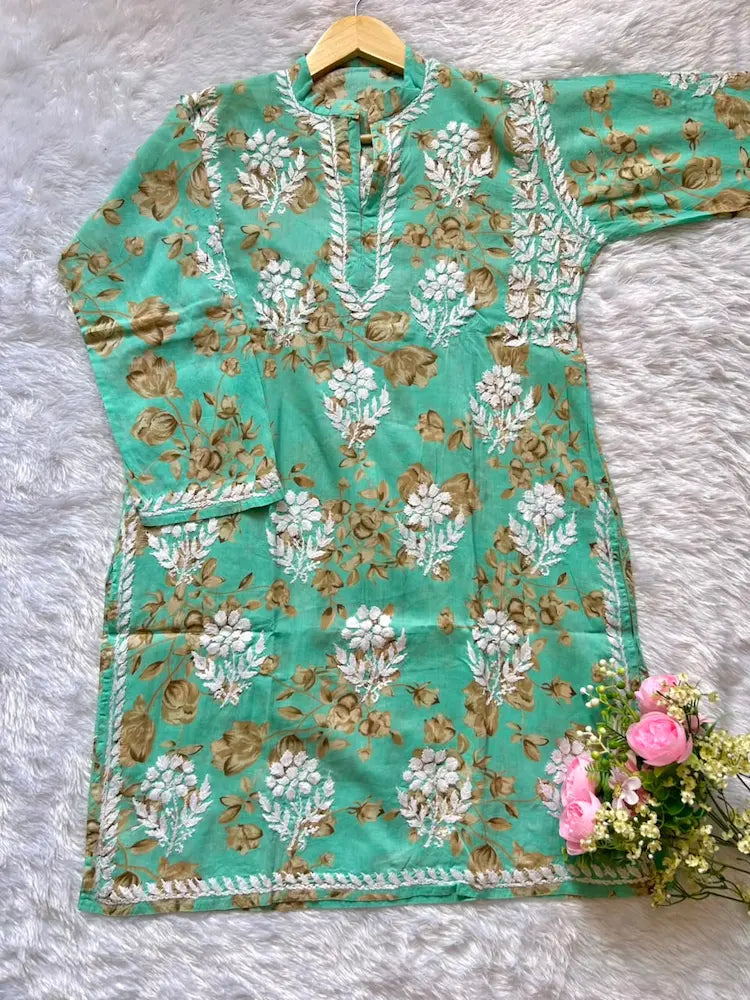 
Sana sea green mul mul Lucknowi chikankari kurta set featuring delicate hand embroidery and soft breathable fabric for fresh, elegant everyday and festive ethnic wear by Hayat's Lucknowi.
