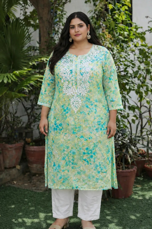 
Green mulmul plus size chikankari kurta designed for breathable and comfortable ethnic wear by Hayat's Lucknowi
