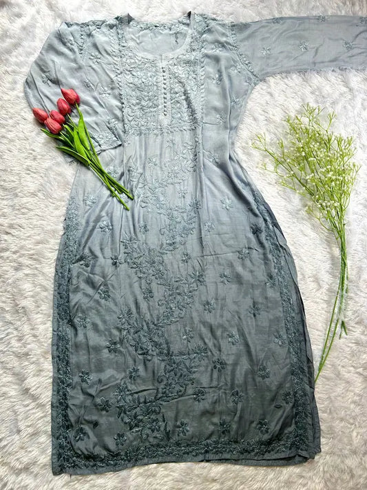 Grey muslin silk kurti with chikankari embroidery by Hayat’s Lucknowi