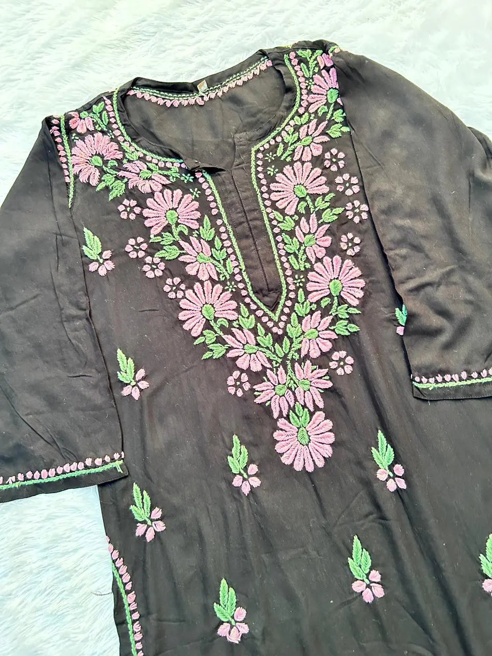 
Black rayon chikankari kurta set with dupatta showcasing intricate hand embroidery by Hayat's Lucknowi
