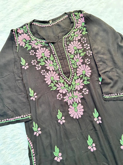 
Black rayon chikankari kurta set with dupatta showcasing intricate hand embroidery by Hayat's Lucknowi
