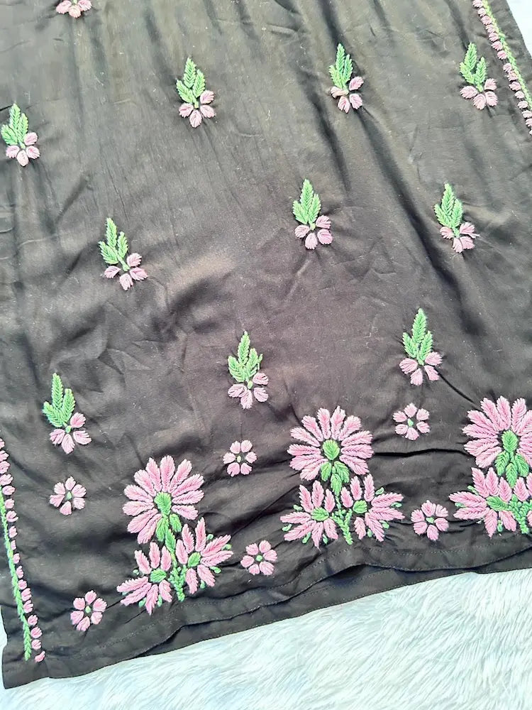 
Black rayon chikankari kurta set with dupatta showcasing intricate hand embroidery by Hayat's Lucknowi
