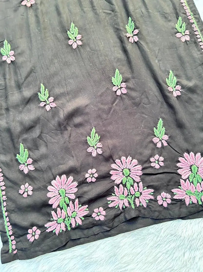 
Black rayon chikankari kurta set with dupatta showcasing intricate hand embroidery by Hayat's Lucknowi

