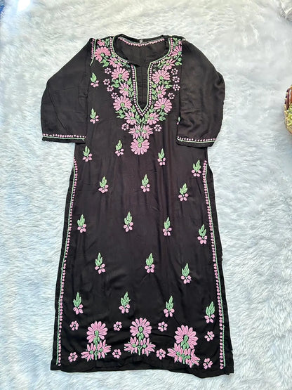 
Black rayon chikankari kurta set with dupatta showcasing intricate hand embroidery by Hayat's Lucknowi
