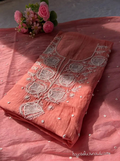 chanderi handwork kurta and dupatta unstitched suit featuring intricate handcrafted detailing and elegant traditional craftsmanship for graceful festive and ethnic wear by Hayat's Lucknowi.
