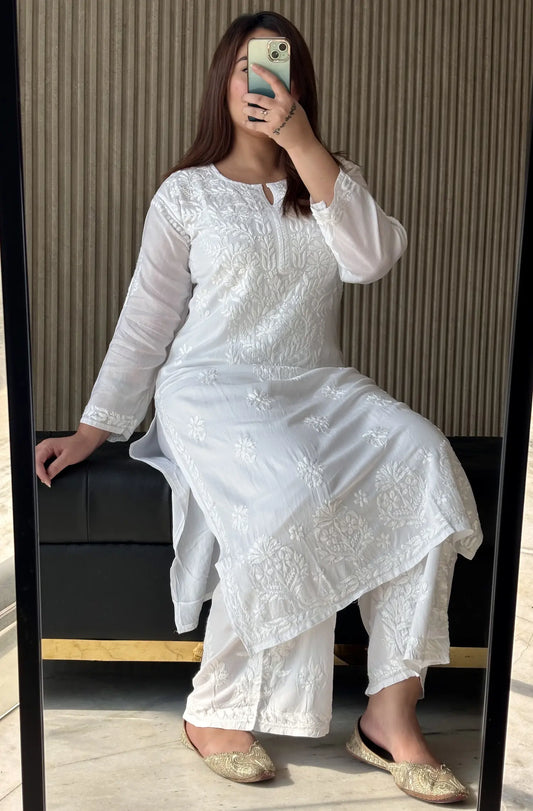 Khushi White Rayon Lucknowi Chikankari Kurta Set