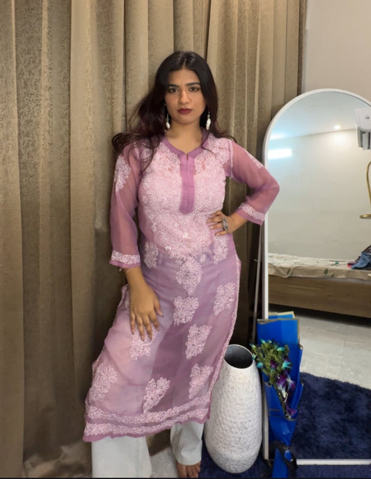 wine mauve georgette long kurta with intricate hand embroidered