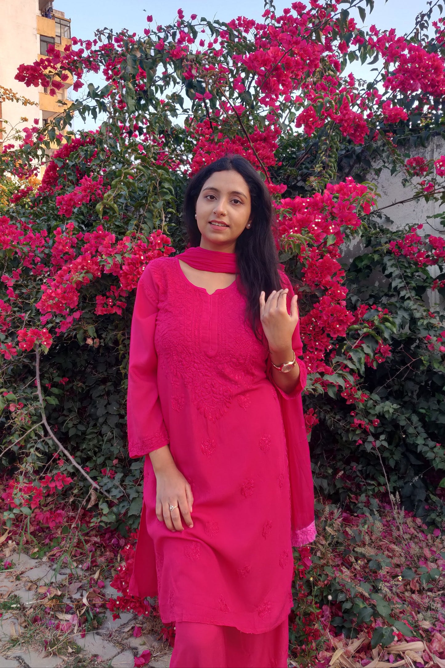 Zeenat Fuchsia Rayon Lucknowi Chikankari Set