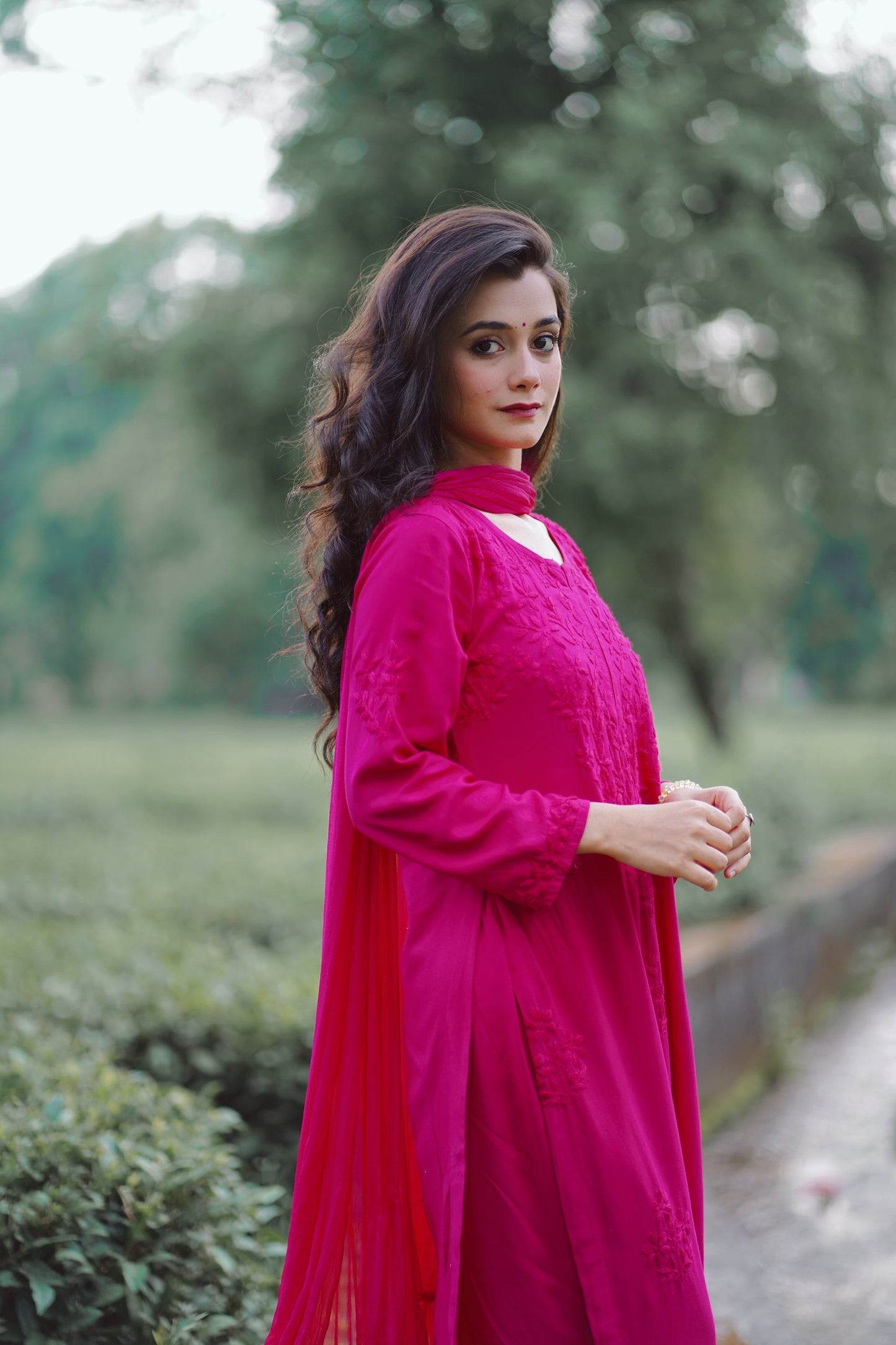 Zeenat Fuchsia Rayon Lucknowi Chikankari Set