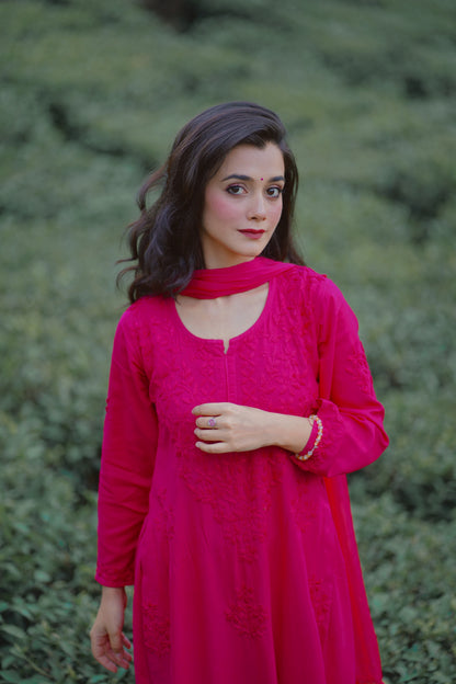 Zeenat fuchsia rayon chikankari set