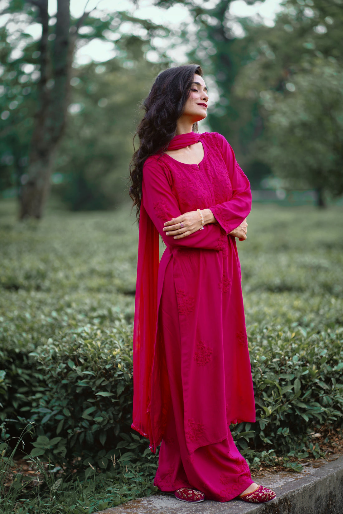 Zeenat fuchsia rayon chikankari set