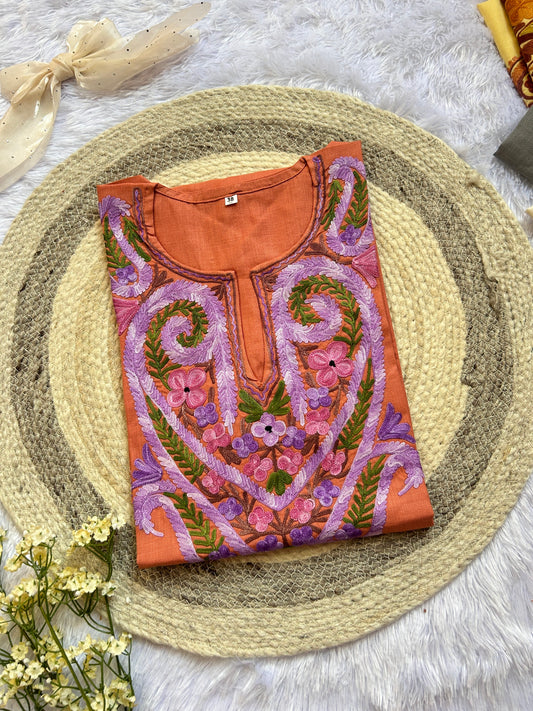 पीच मल्टी वर्क कश्मीरी लॉन्ग कुर्ता