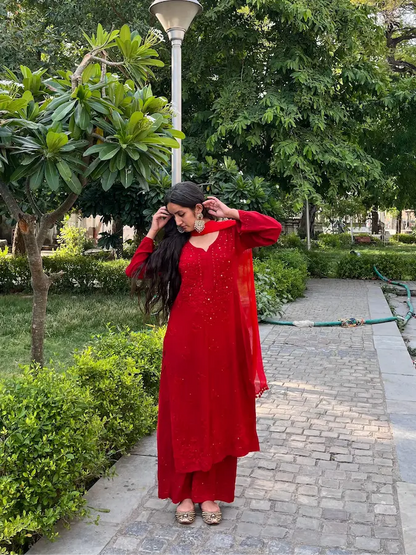 Nagma Red Rayon Lucknowi Mukesh Chikankari Set with Dupatta