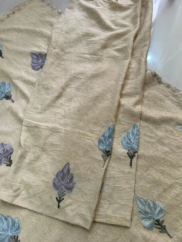Beige Kashmiri cotton kaftan set featuring intricate traditional Kashmiri embroidery on soft, breathable cotton fabric for comfortable, elegant, and effortless ethnic wear by Hayat's Lucknowi.
