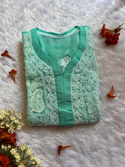 Aqua green georgette chikankari kurti   top by Hayat’s Lucknowi