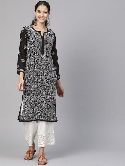Black georgette chikankari kurti with embroidery casual wear details by Hayat’s Lucknowi