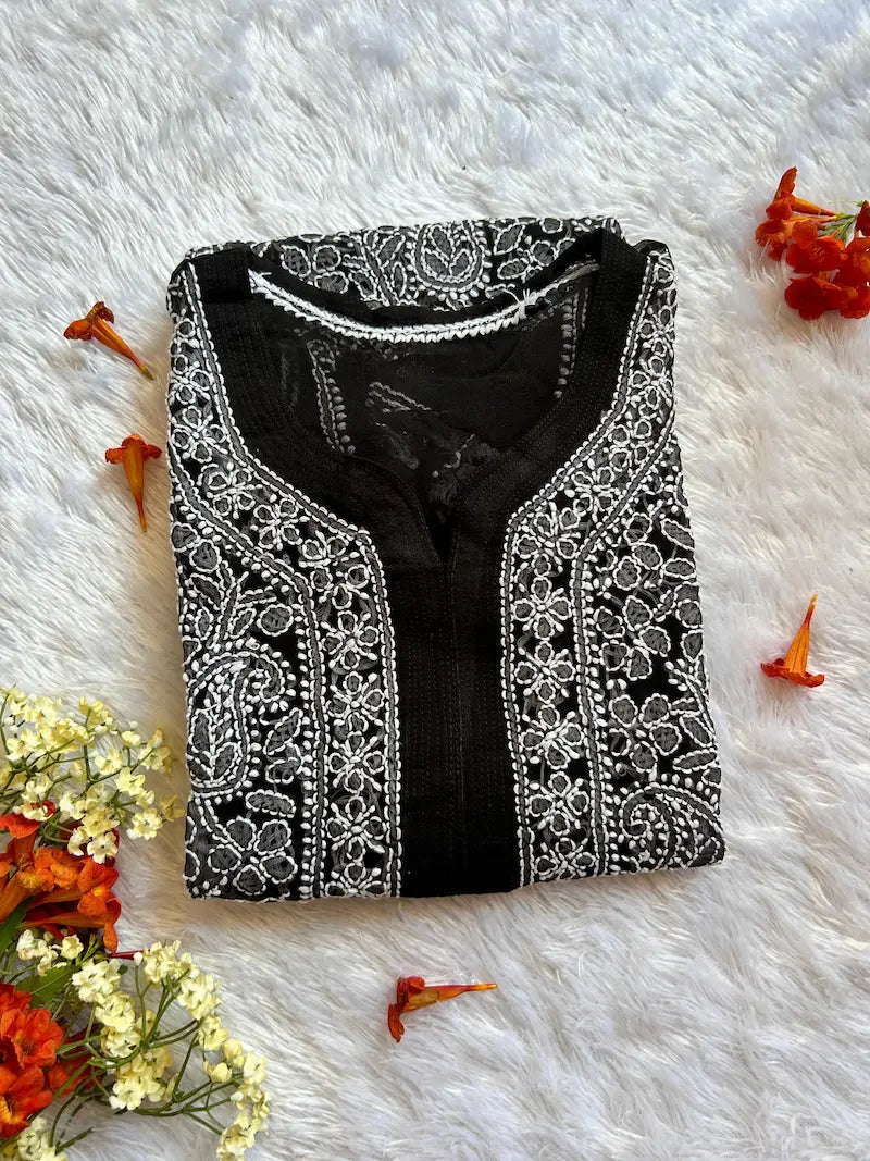 Black and white  georgette chikankari kurti with embroidery details by Hayat’s Lucknowi