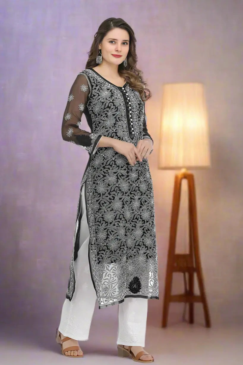 Black georgette chikankari kurti with embroidery details everyday wear  by Hayat’s Lucknowi