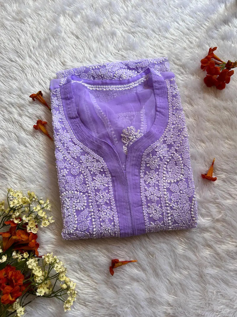 Lavender georgette chikankari kurti with embroidery  festive wear by Hayat’s Lucknowi