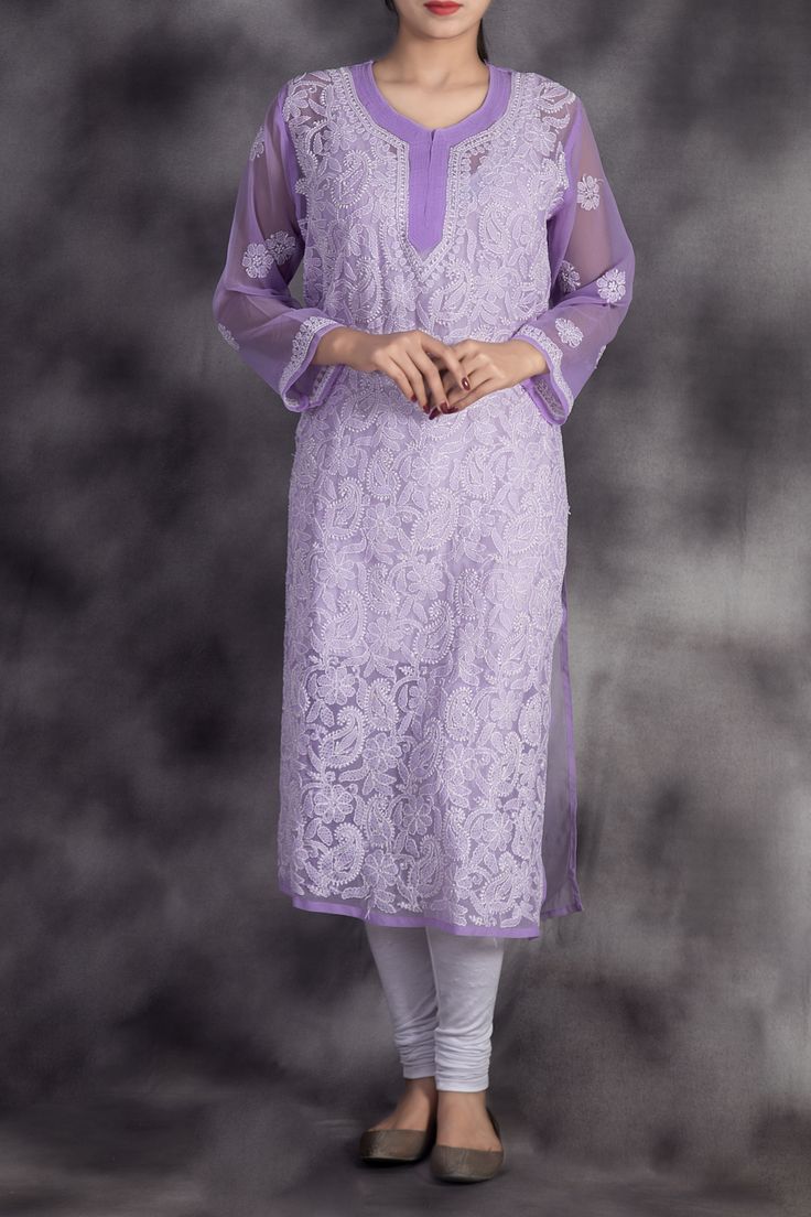 Lavender georgette chikankari kurti  topwith embroidery by Hayat’s Lucknowi