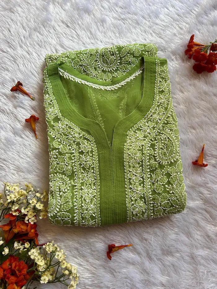 Green  georgette chikankari festive  kurti by Hayat’s Lucknowi