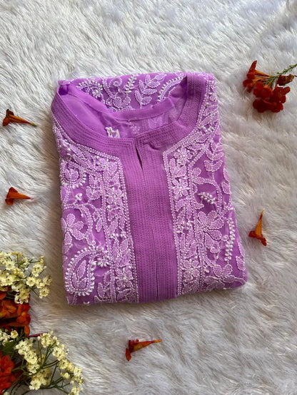 Lilac georgette chikankari kurti  top by Hayat’s Lucknowi