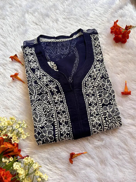 Navy georgette chikankari kurti with embroidery by Hayat’s Lucknowi