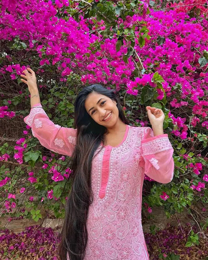 Peach georgette chikankari kurti with embroidery by Hayat’s Lucknowi