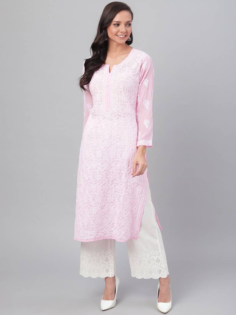 Pink georgette chikankari kurti by Hayat’s Lucknowi