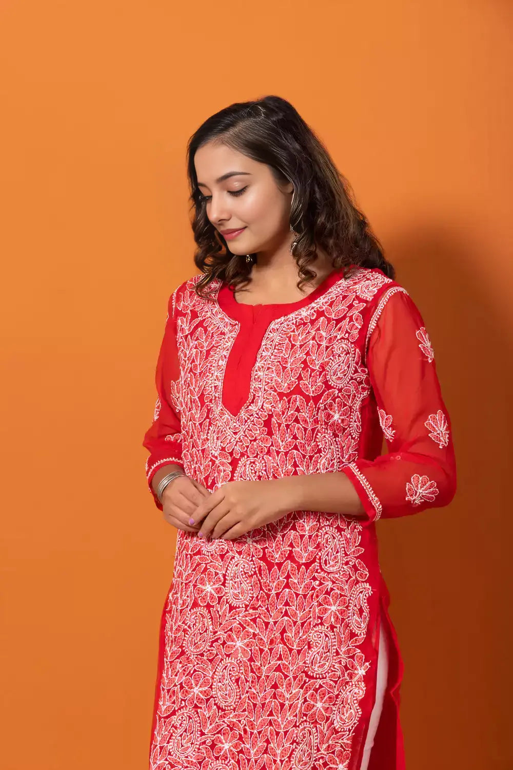 Red georgette chikankari kurti with embroidery full sleeves  by Hayat’s Lucknowi