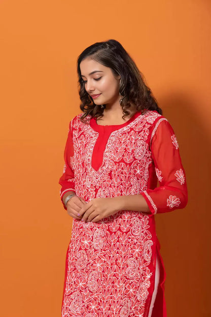 Red georgette chikankari kurti with embroidery full sleeves  by Hayat’s Lucknowi