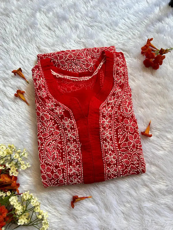 Red georgette chikankari kurti with embroidery  festive wear by Hayat’s Lucknowi