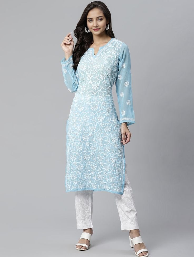 Sky blue georgette chikankari kurti  casual wear  full sleeves by Hayat’s Lucknowi