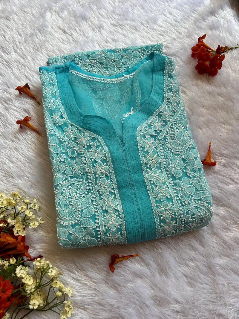 Sky  light blue georgette chikankari kurti casual daily wear by Hayat’s Lucknowi
