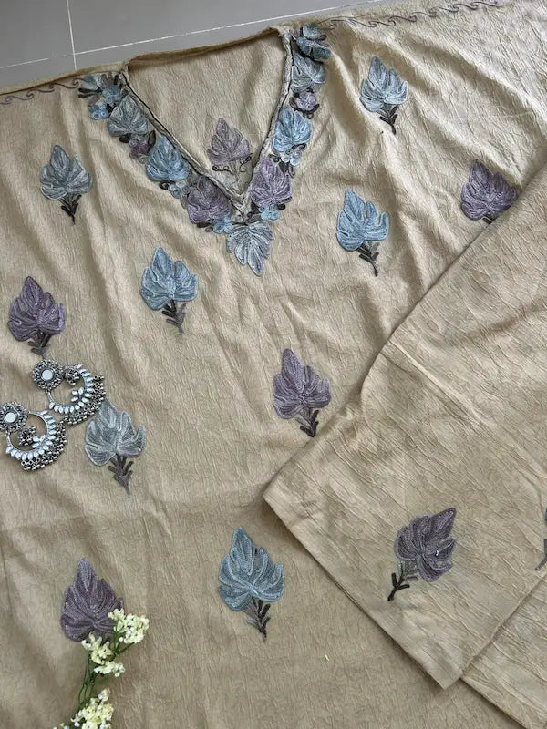 Beige Kashmiri cotton kaftan set featuring intricate traditional Kashmiri embroidery on soft, breathable cotton fabric for comfortable, elegant, and effortless ethnic wear by Hayat's Lucknowi.
